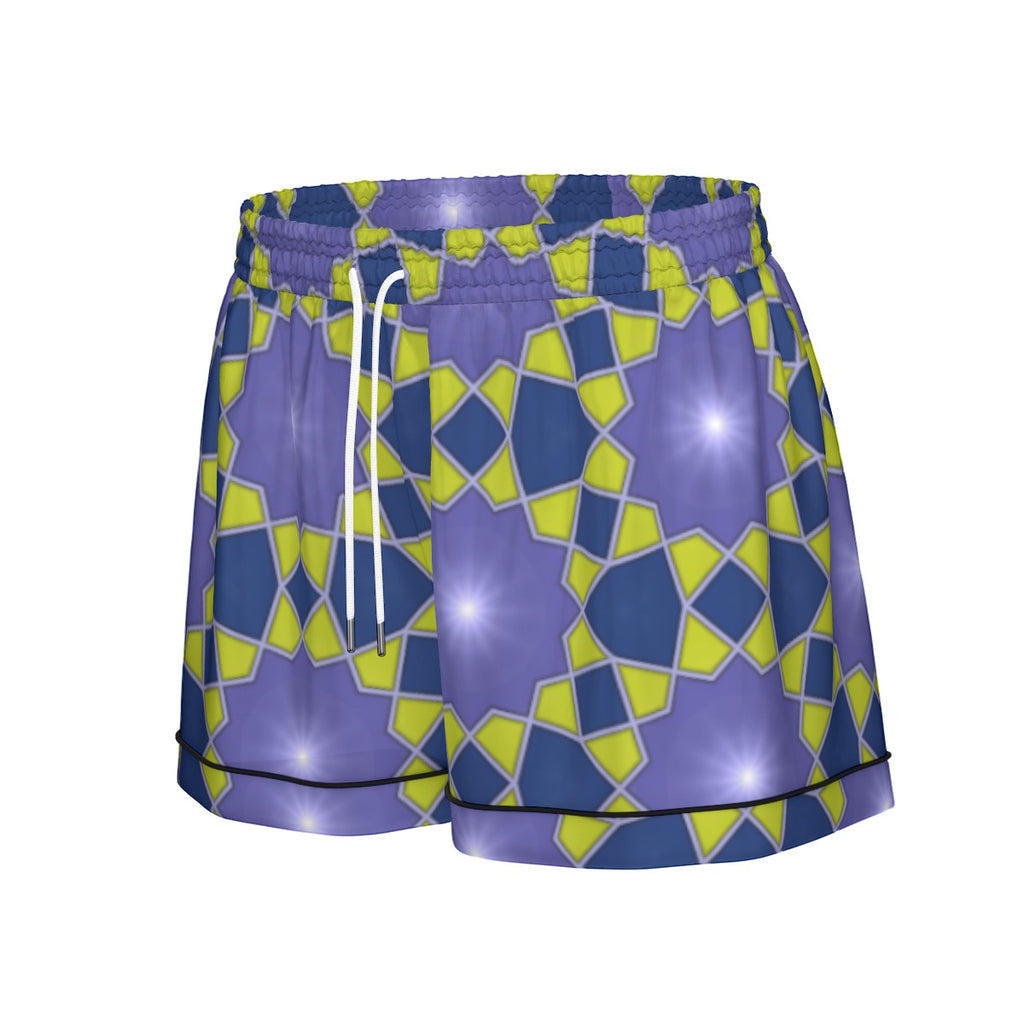 "Mechanical Blue Flowers" Women's Imitation Silk Pajama Set With Short Sleeve