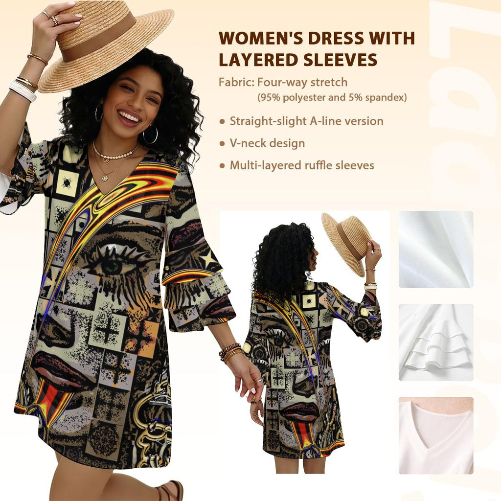 "Ventriloquist" Women's Stacked Ruffle Sleeve Dress