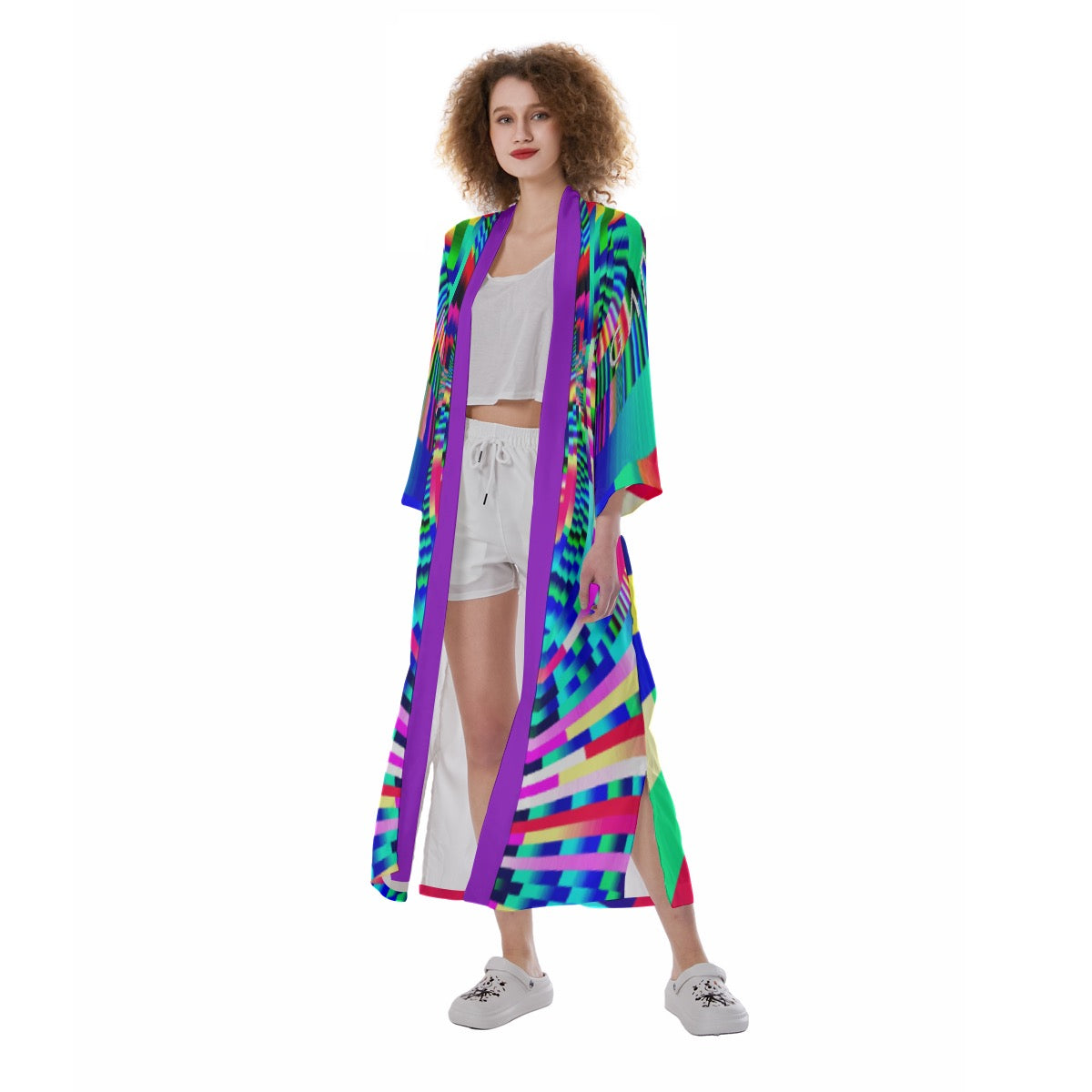 "Pixel Odyssey" Women's Satin Kimono Long Robe
