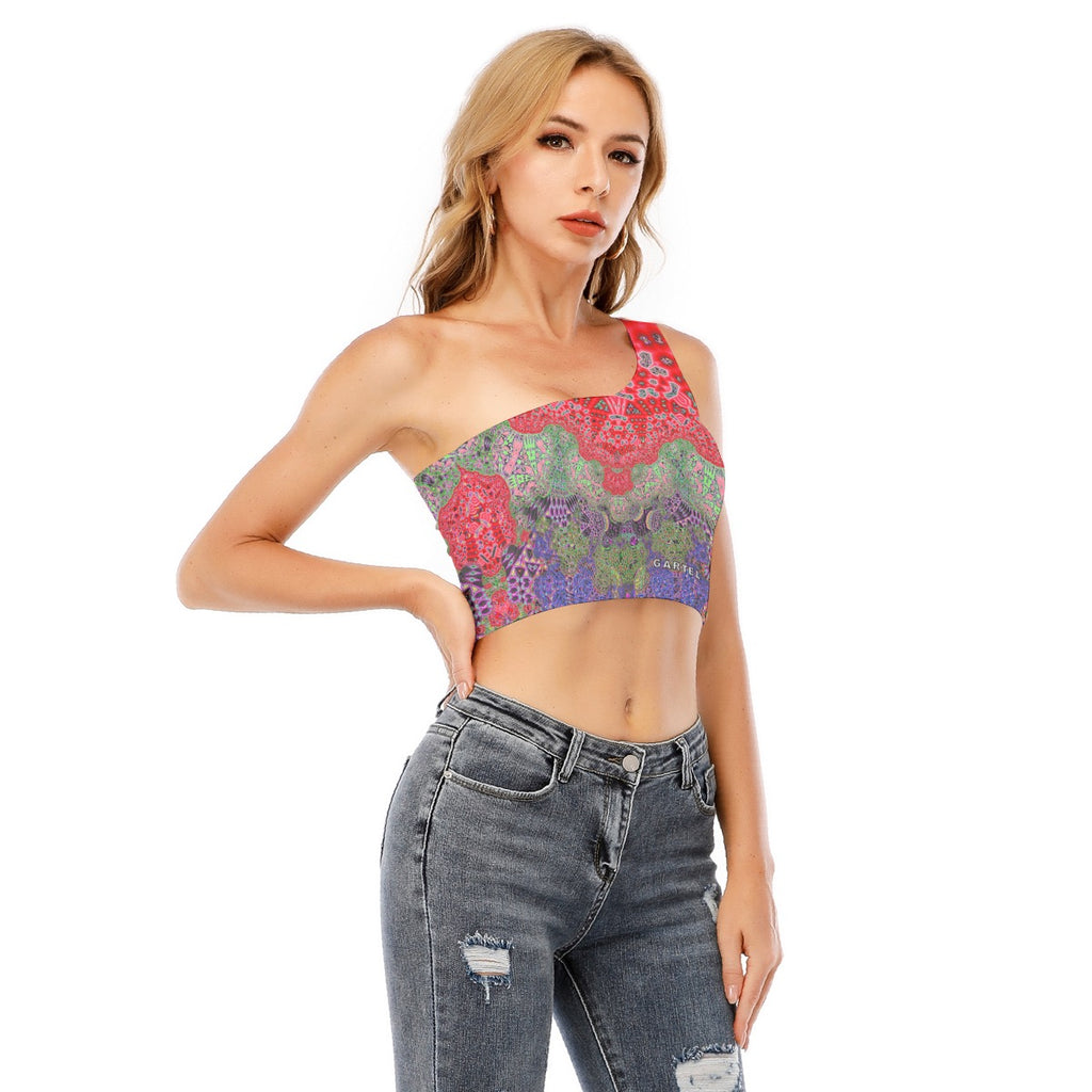"Goddess Aztec (Red)" Women's One-Shoulder Cropped Top