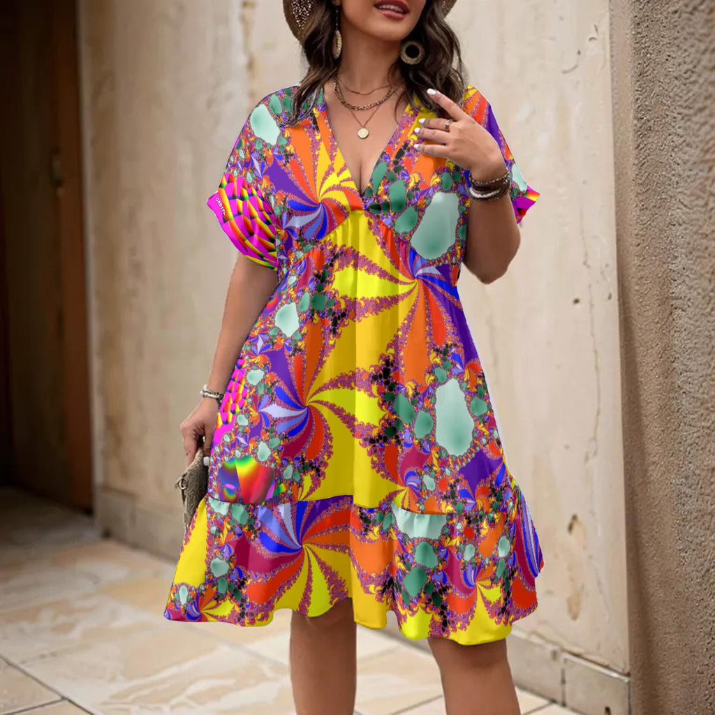 “Color Carnival” Women’s V-Neck Short Sleeve Dress
