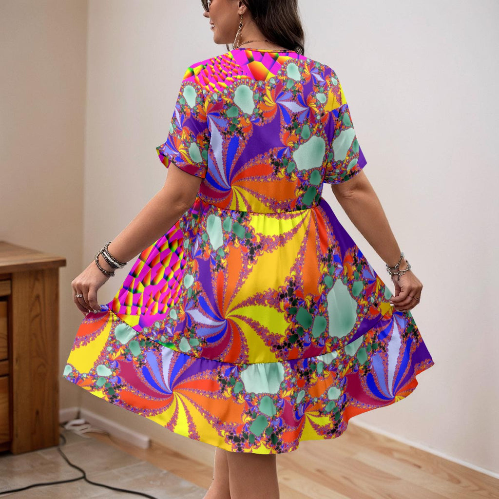 “Color Carnival” Women’s V-Neck Short Sleeve Dress