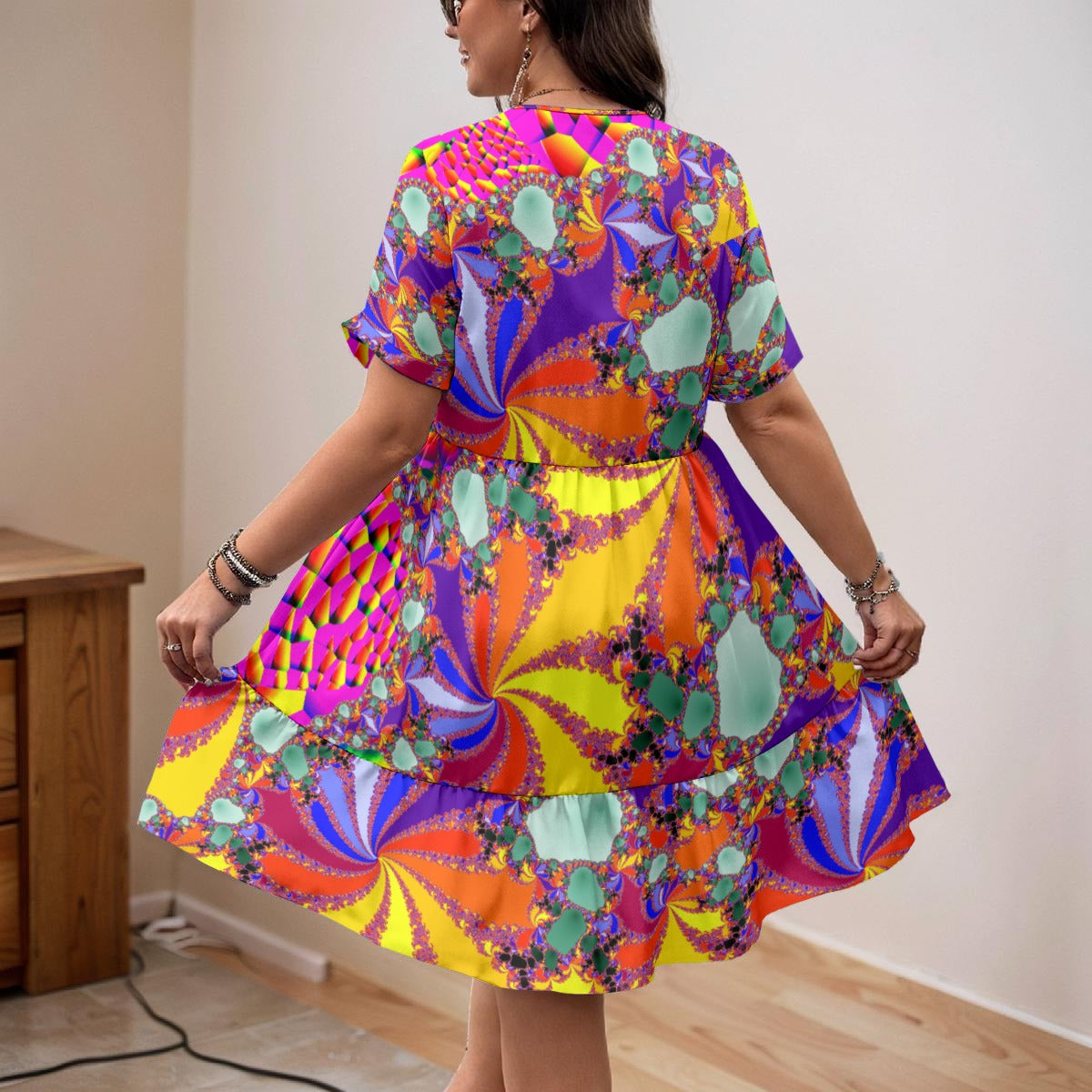 “Color Carnival” Women’s V-Neck Short Sleeve Dress