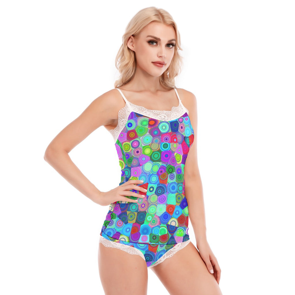 "MultiColored Bubbles" Women's Pajama Set With Lace Edge