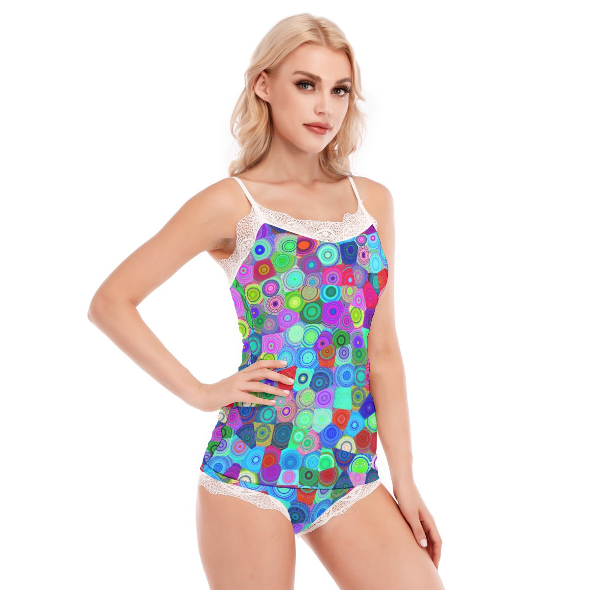 "MultiColored Bubbles" Women's Pajama Set With Lace Edge