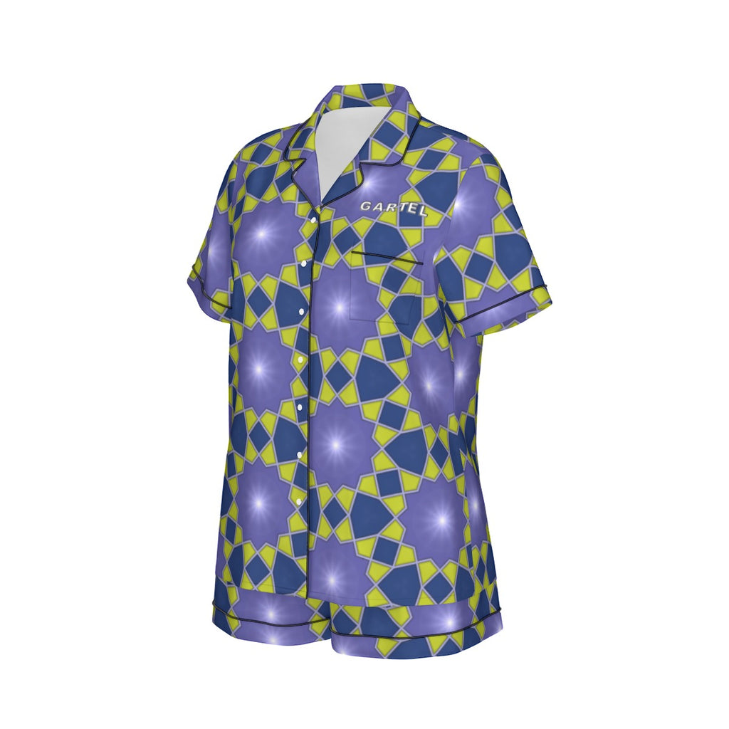 "Mechanical Blue Flowers" Women's Imitation Silk Pajama Set With Short Sleeve