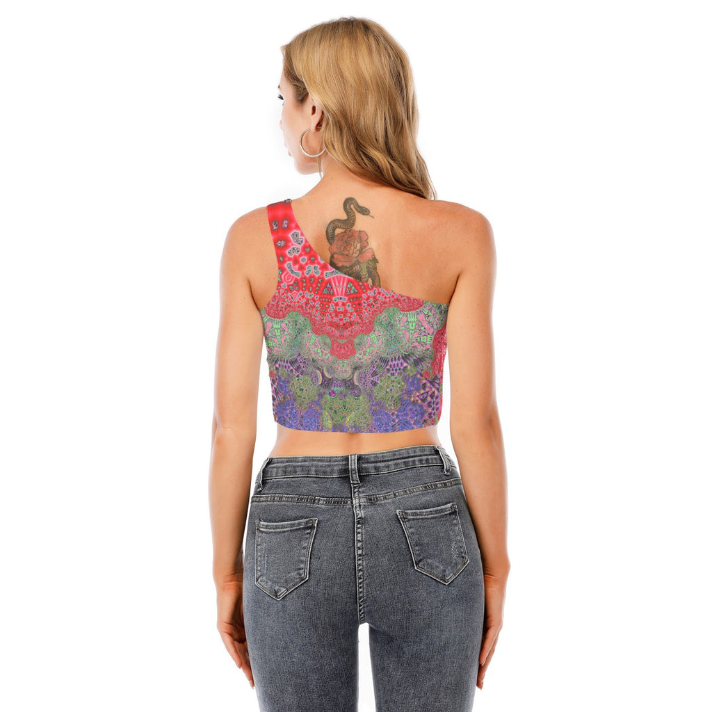 "Goddess Aztec (Red)" Women's One-Shoulder Cropped Top