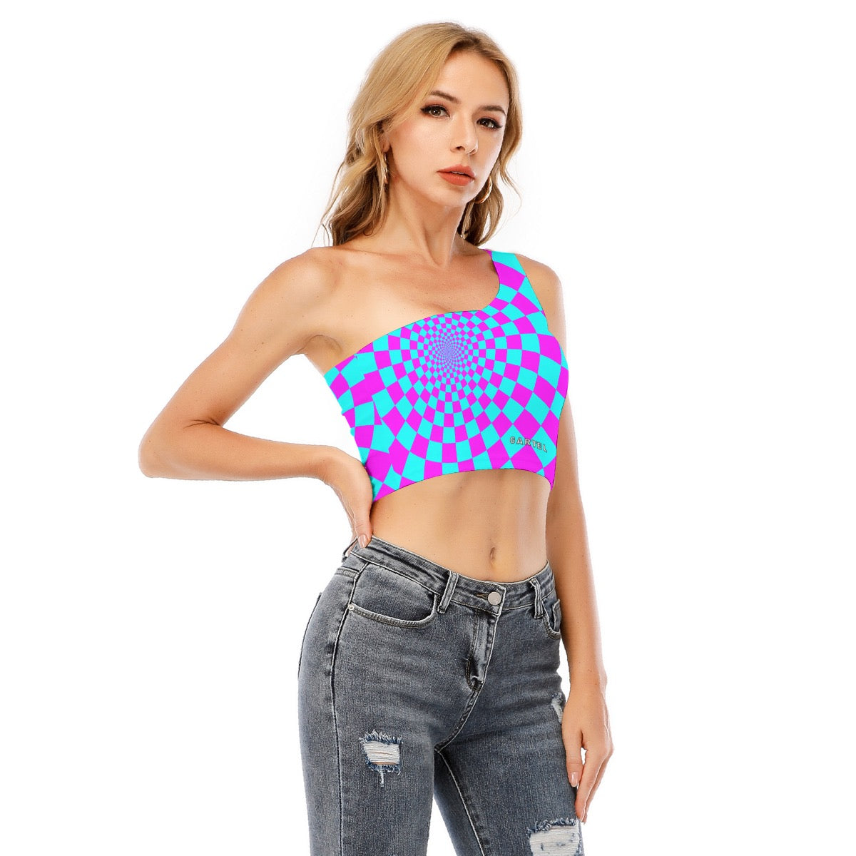 "Hypnotic Horizon" Women's One-Shoulder Cropped Top