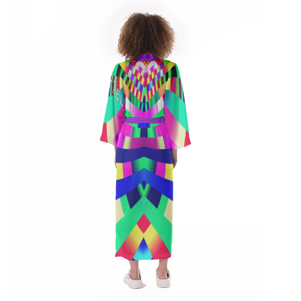 "Pixel Odyssey" Women's Satin Kimono Long Robe