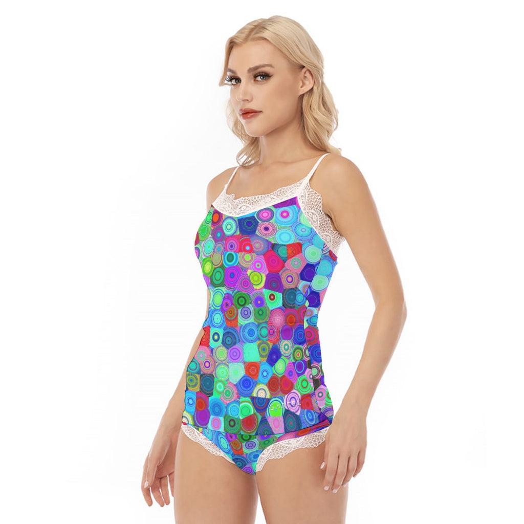 "MultiColored Bubbles" Women's Pajama Set With Lace Edge