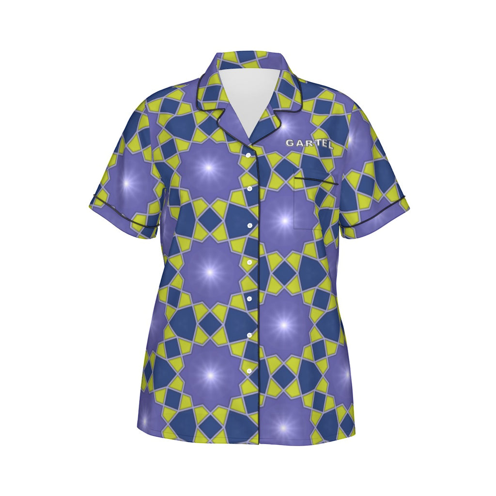 "Mechanical Blue Flowers" Women's Imitation Silk Pajama Set With Short Sleeve