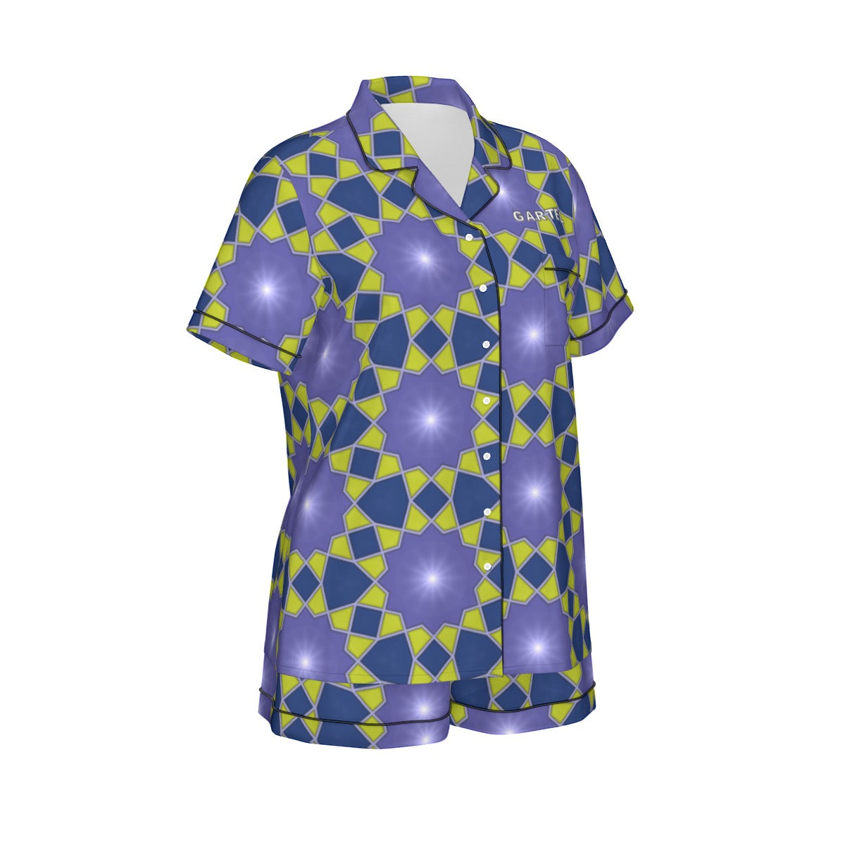 "Mechanical Blue Flowers" Women's Imitation Silk Pajama Set With Short Sleeve