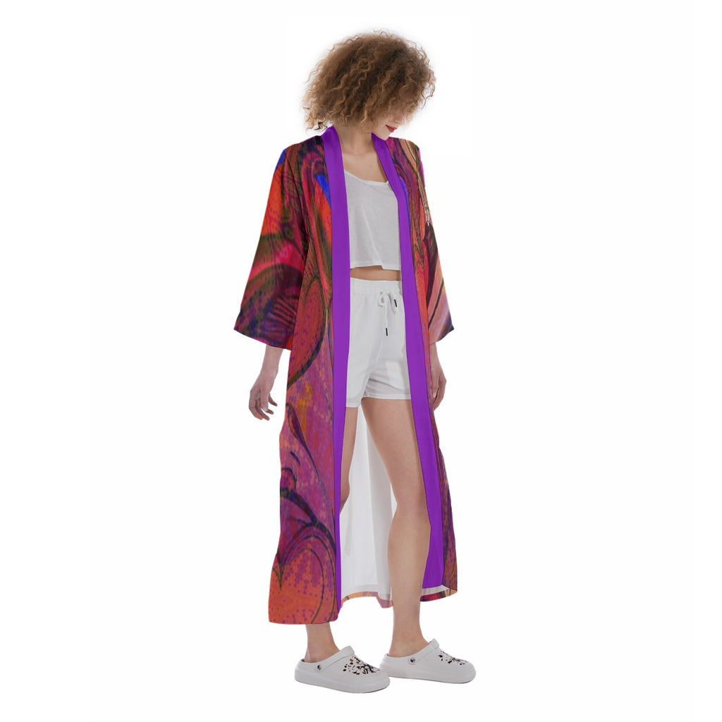 "Crimson Reverie" Women's Satin Kimono Long Robe