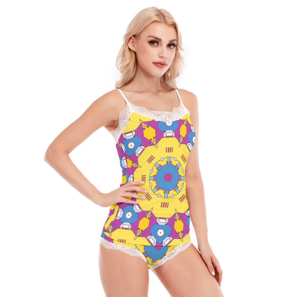 "Quirky Yellow" Women's Pajama Set With Lace Edge