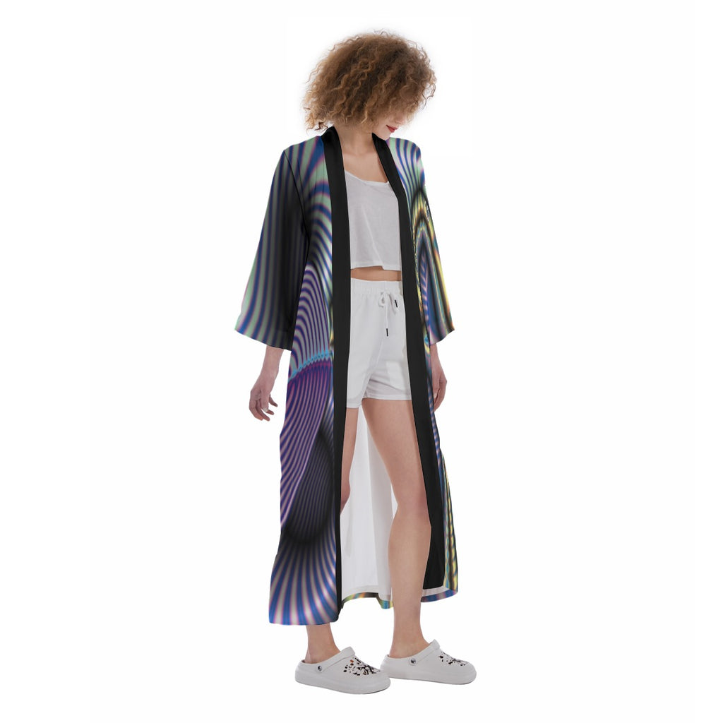 "Prismatic Eclipse" Women's Satin Kimono Long Robe