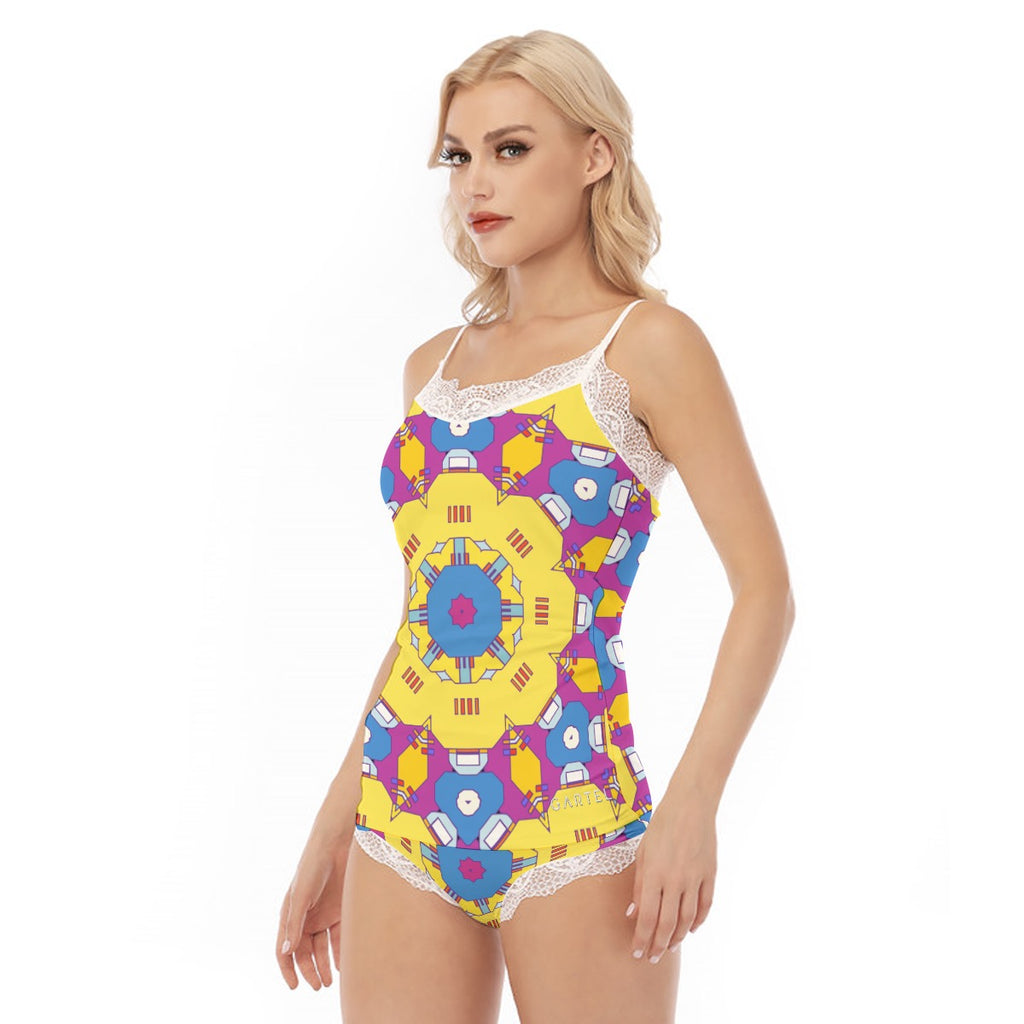 "Quirky Yellow" Women's Pajama Set With Lace Edge