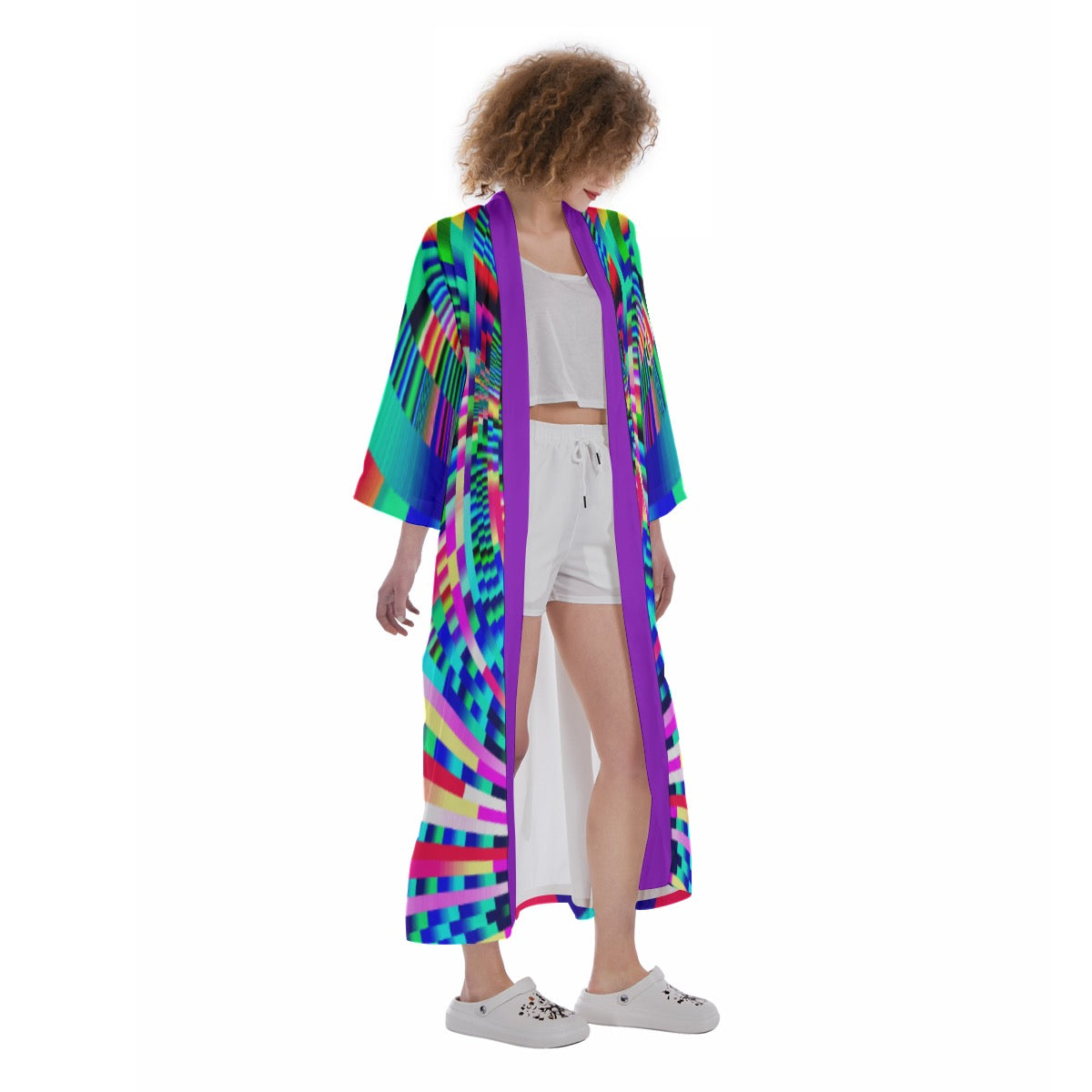 "Pixel Odyssey" Women's Satin Kimono Long Robe